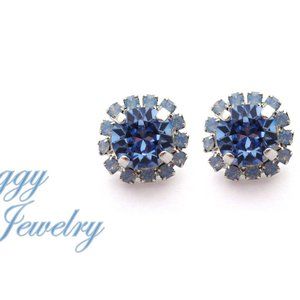 Swarovski Crystal Light Sapphire and Air Blue Opal Halo Studs Post Earrings